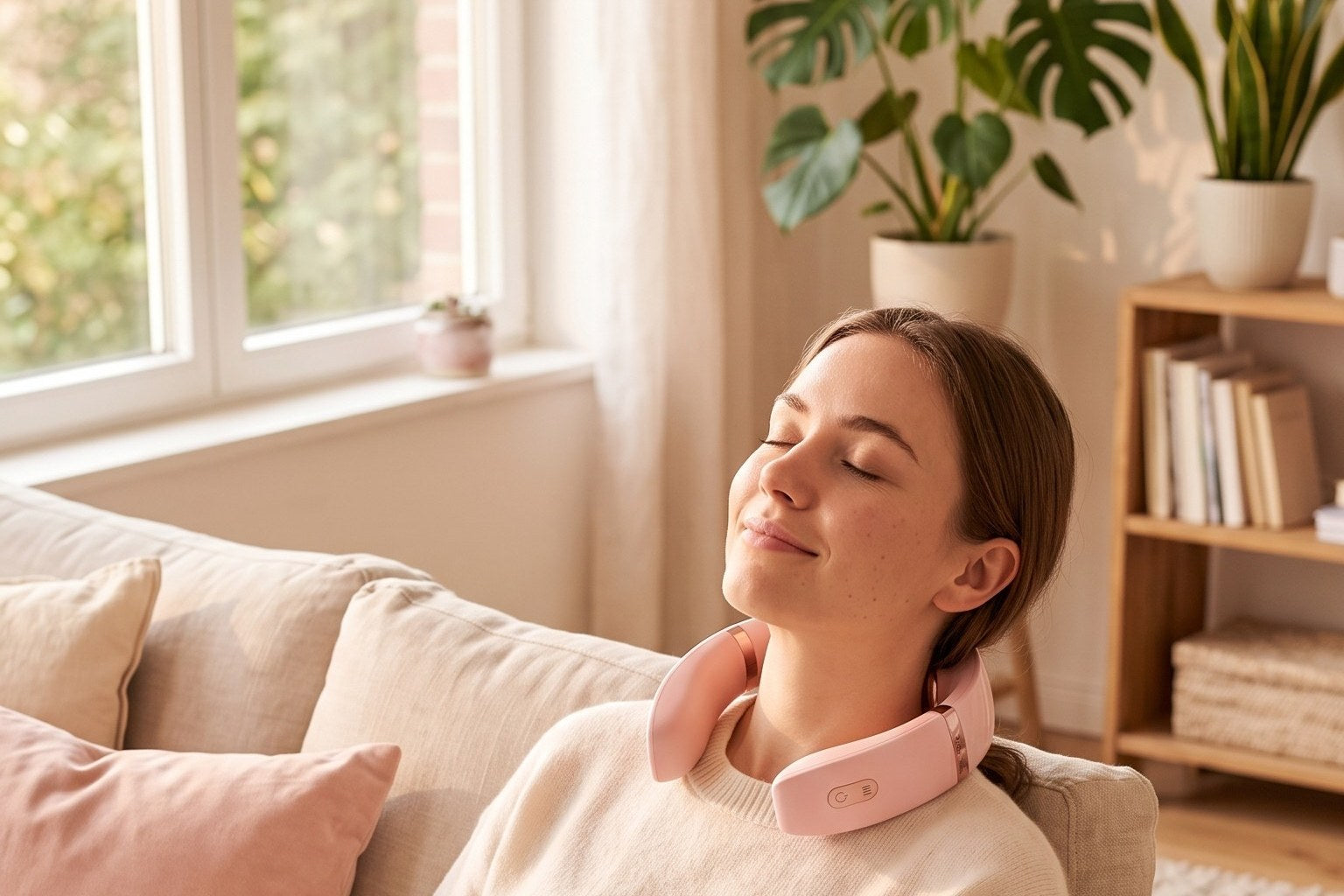 Femme détendue avec le masseur de nuque Pulsio
