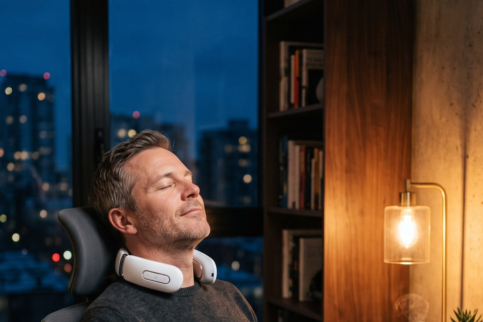 Homme détendant sa nuque avec Pulsio après le télétravail