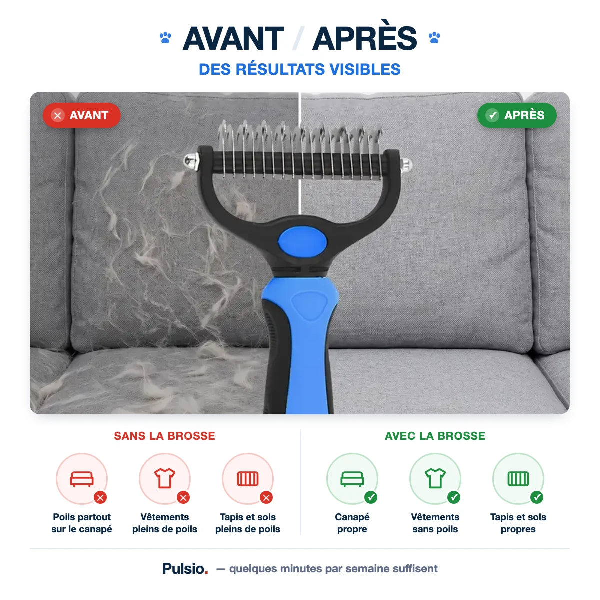 Avant et après : canapé, vêtements et sols sans poils grâce à la brosse Pulsio