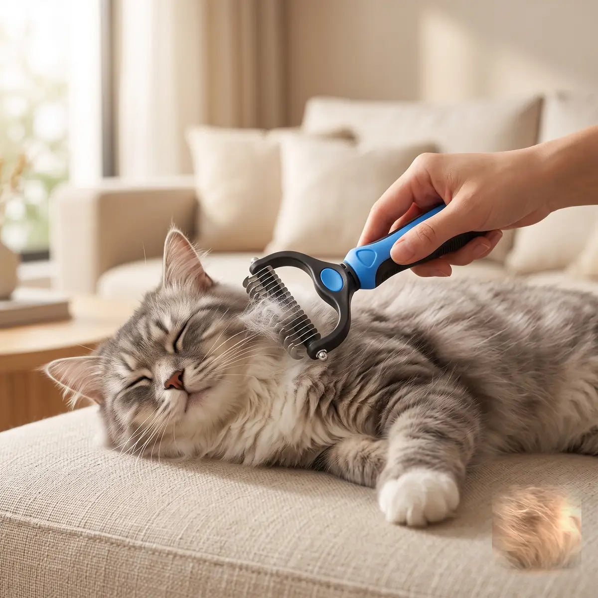 Brossage d'un chat à poil long avec la brosse anti-poils