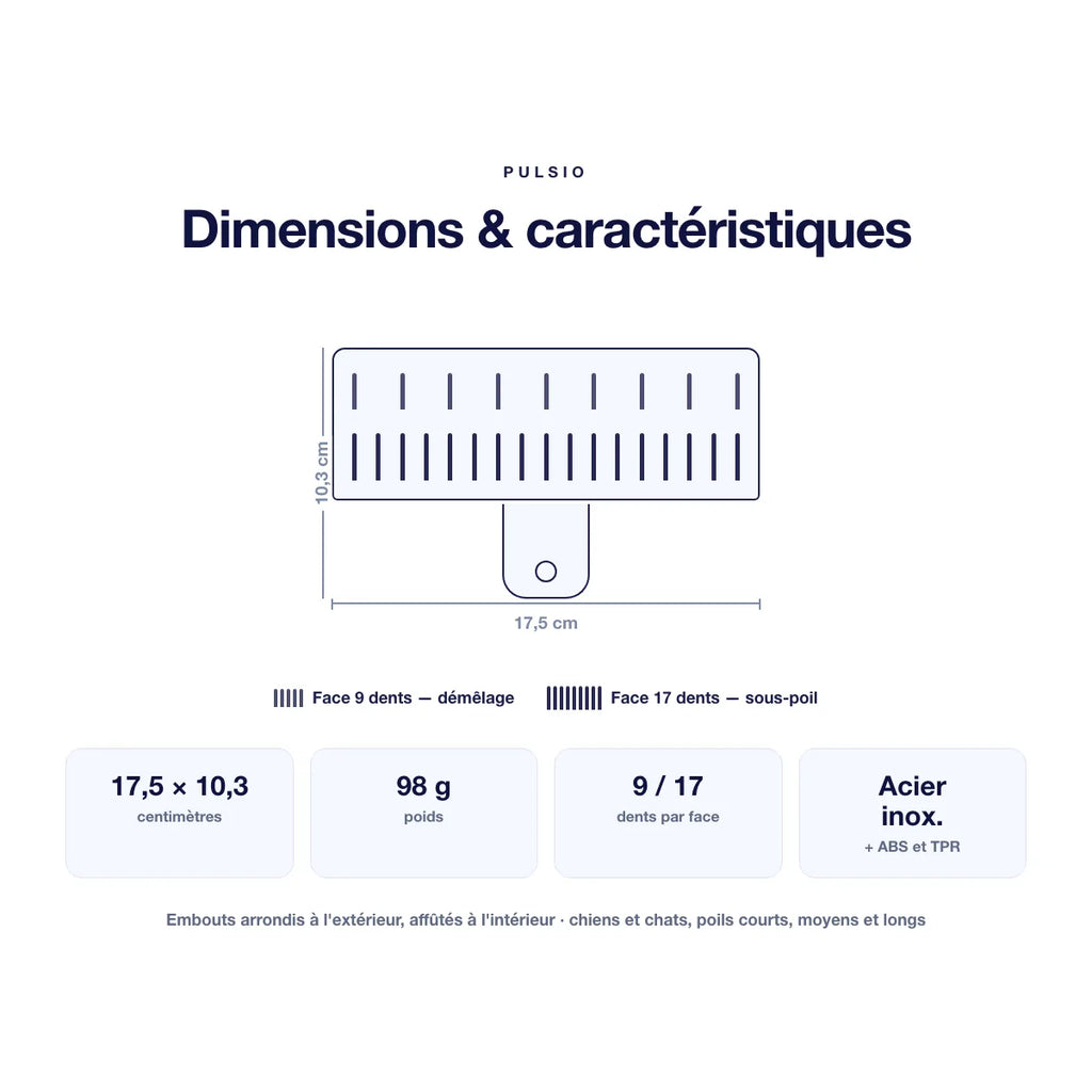 Dimensions et caractéristiques de la brosse : 17,5 x 10,3 cm, 98 g, acier inoxydable