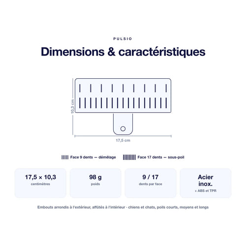 Dimensions et caractéristiques de la brosse : 17,5 x 10,3 cm, 98 g, acier inoxydable