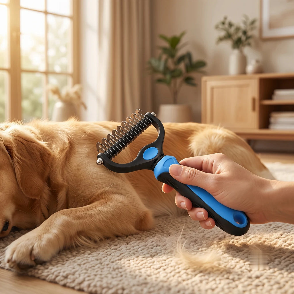 Brossage d'un golden retriever avec la brosse anti-poils Pulsio