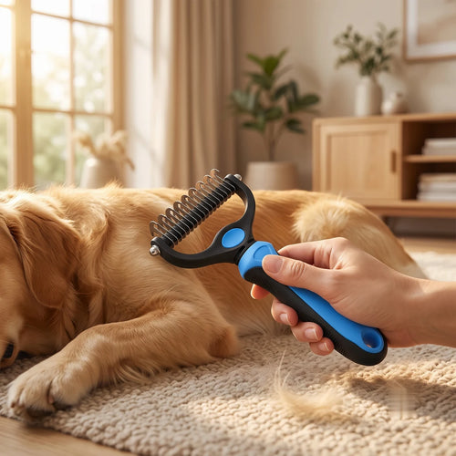 Brossage d'un golden retriever avec la brosse anti-poils Pulsio
