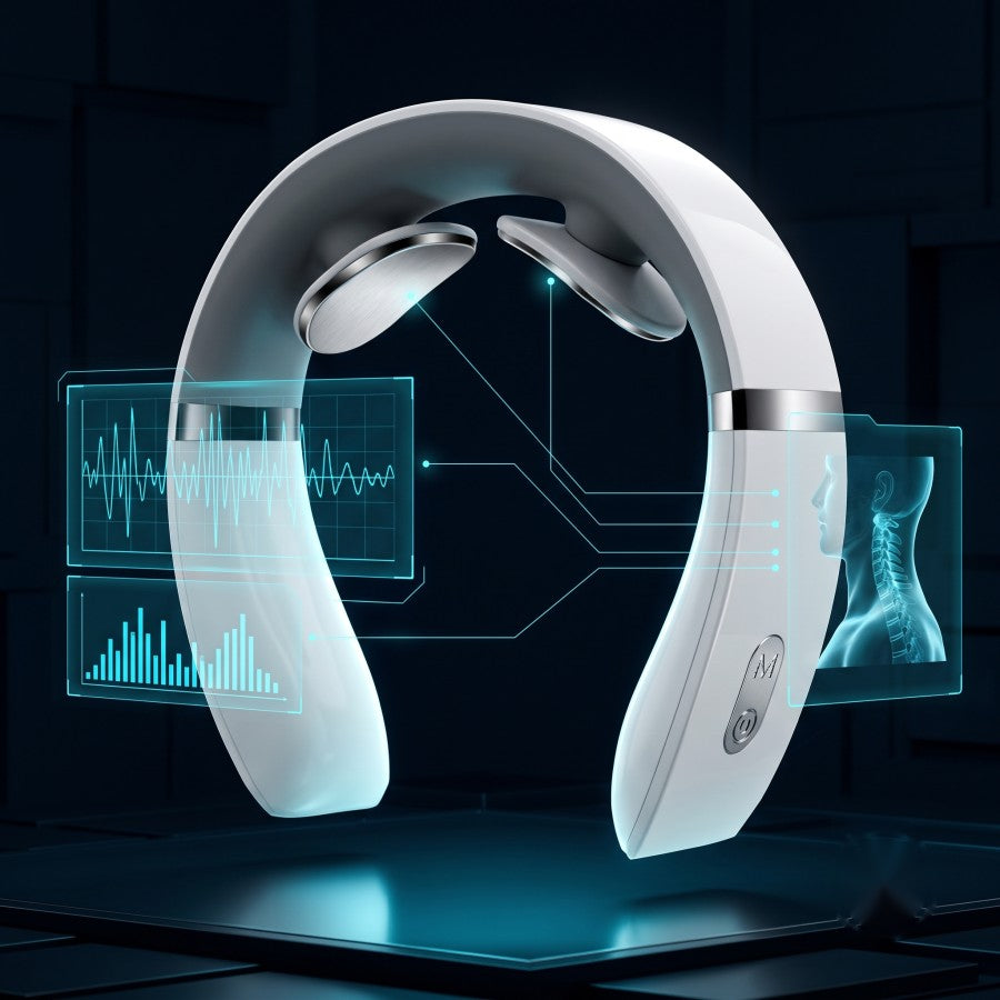 Masseur de nuque cervical Pulsio blanc, halo bleu électrostimulation TENS